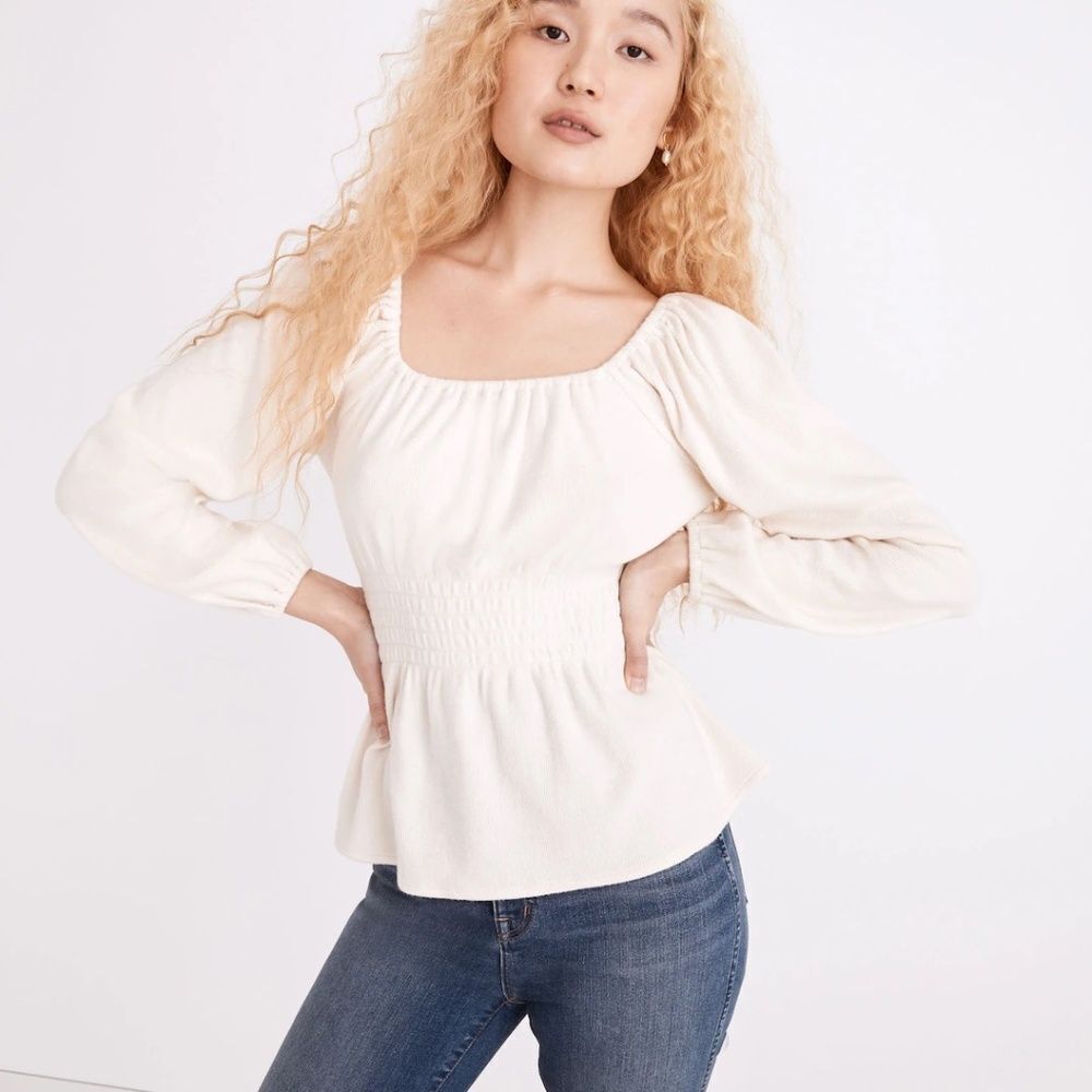 Madewell Plush Cream Square Neck Smocked Top Sz S